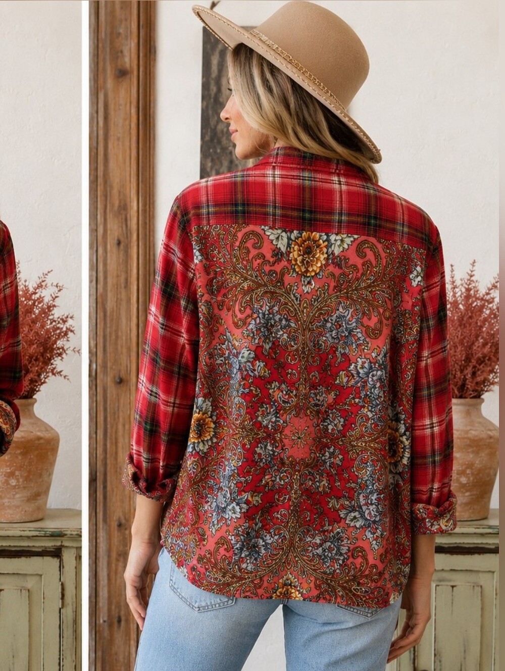 Aratta Silent Journey Plaid & Paisley Mixed Print Button Front Shirt | Size M